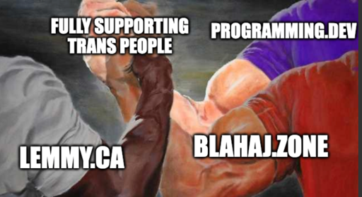 Triple epic handshake meme "Fully supporting trans people" "Lemmy.ca" "Blahaj.zone" "Programming.dev"