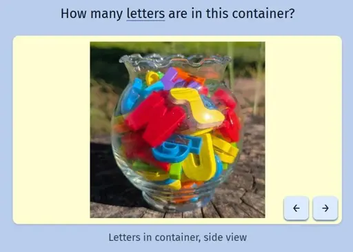 Screenshot of the game Estimate Me for 2025-07-03, showing a bunch of letters from the English alphabet in a container, viewed from the side