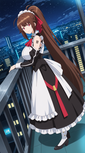 A woman with very long brown hair styled in a high ponytail, complemented by vivid red eyes. She is standing on a balcony, leaning casually against the railing and looking toward the viewer with a calm expression. Her attire is a black and white maid-style uniform accented with red details, including a ruffled headpiece and apron. The backdrop is a brightly lit city skyline at night, with numerous illuminated buildings under a dark sky.