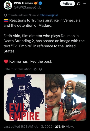 Fatih Akin, film director who plays Dollman in Death Stranding 2, has posted an image with the text “Evil Empire” in reference to the United States.  ❤️ Kojima has liked the post.