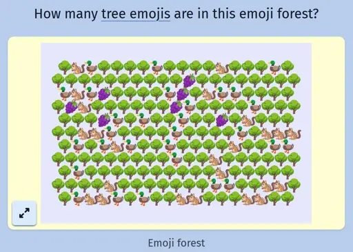 A screenshot of the daily game Estimate Me showing a picture of a bunch of emojis: tree emojis, duck emojis, chipmunk emojis, and grape emojis
