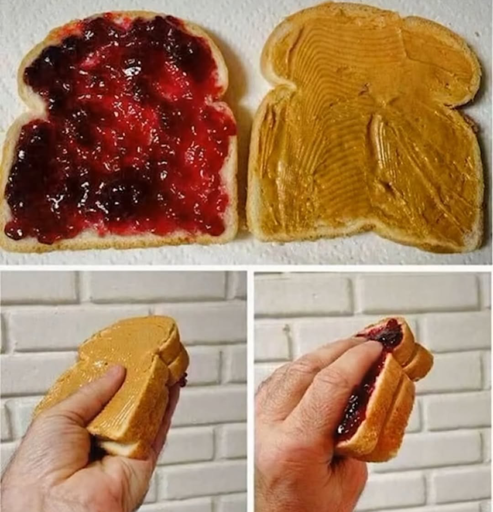 A PB&J with the faces inverted, such that the jelly and peanut butter are on the outside of the sandwich.