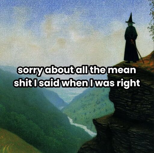 A woman dressed vaguely like a witch stands on a hill overlooking a valley. The style of the artwork is somewhat cartoony.
