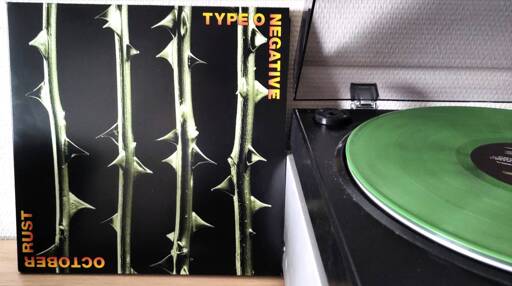 The album cover, propped against the wall next to the turntable, depicts a dimly lit closeup of four rose stems on a black background. The band name and album title are set in orange at the top right and bottom left corners, respectively.