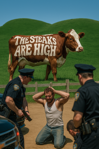 A cow with the text "The Steaks Are High" written in the pattern on its back. In the foreground is a man in a white singlet on his knees with hands behind his head. In front of him are some police officers. 