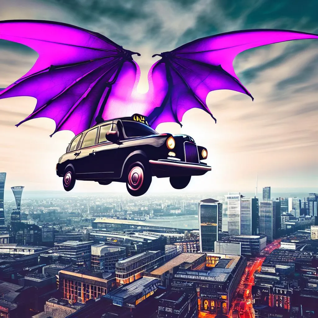 A London black cab, flying above the London skyline, with purple dragon wings