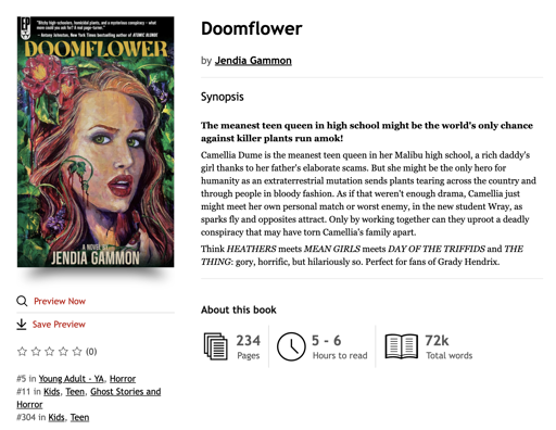 Screenshot of Kobo books for DOOMFLOWER by Jendia Gammon showing it at number 5 in young adult - YA horror