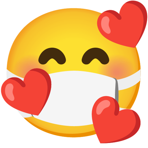 a google emoji depicting a yellow smiley face wearing a mask with three red hearts around it.