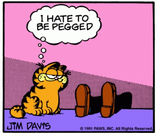 Garfield saying "I hate to be pegged" with Jon's feet showing.