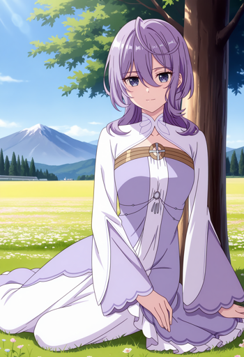 A young woman with shoulder-length, wavy purple hair and lavender eyes, seated peacefully in a sunlit meadow, looking towards the viewer with a calm, gentle smile. She wears an elegant, flowing dress in shades of light purple and white, featuring long bell sleeves. She is sitting near the base of a tree on her right, resting on green grass dotted with small white flowers. In the background is an expanse of the meadow leading to a line of dark evergreen trees and a striking snow-capped mountain under a blue sky.