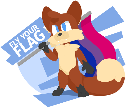 A lineless digital drawing of Foxfire, an anthro fox, holding a bisexual flag. He has reddish brown fur, cream chest and muzzle, and very dark gray paws. The flag is held such that it is behind Foxfire over his shoulder (our right), and he is posed with legs spread out in a sort of action stance. Behind him is a baby blue circle and several diagonal trapazoid like shapes which stick out of it. To the left is text which reads "Fly Your Flag."