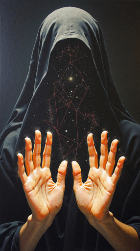 A hooded figure draped in dark fabric, whose face is replaced by a cosmic void filled with stars and constellation-like geometric patterns connected by thin red lines. The figure's outstretched hands are prominently displayed at the bottom of the image, palms facing upward in a gesture that suggests offering or invocation. 