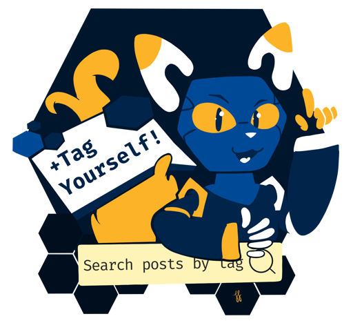 Lineless drawing of Esix, a robotic anthro feline with a flame tail and disembodied parts. Her ears and fingers hover instead of being connected, and she has a hexagonal shaped face. She is smiling and looking at the viewer, and has one arm resting against a search bar, and her other arm pointing upward. She has a stylized speech bubble which says "+Tag Yourself." Various hexagons adorn the backdrop and cut into the speech bubble.   E621 is a furry image hosting site primarily known for (but doesn't exclusively host) adult content. June 21st is a bit of a nod to it for people as under Year Month Day configurations, it contains the same numbers (6/21, E621).