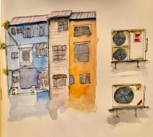 watercolour and pen/ink sketch of shophouses in Taiwan