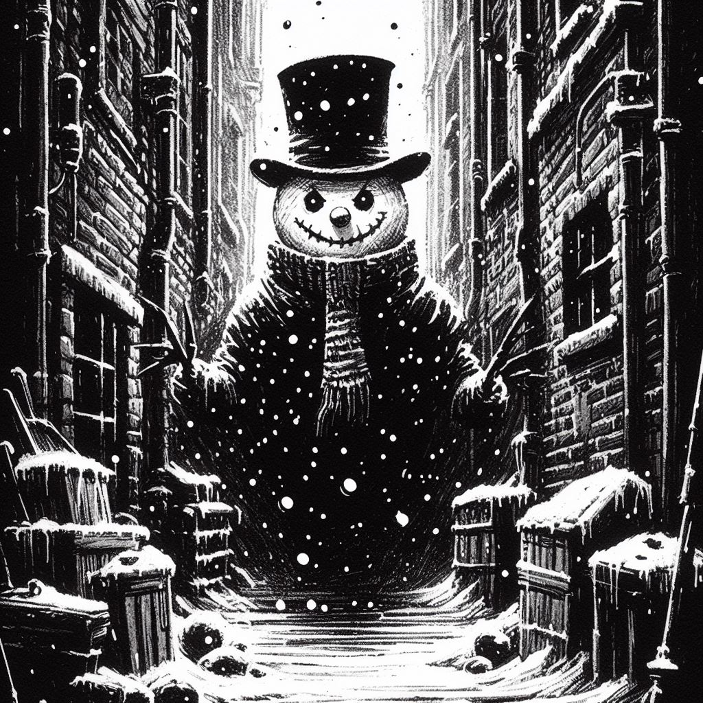 ink painting of an ominous snowman in an alley, noir - bing/dalle3