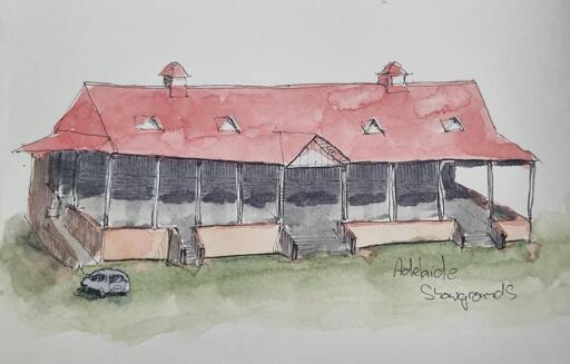 Watercolour painting with pen and ink, of Adelaide showgrounds grandstand. 