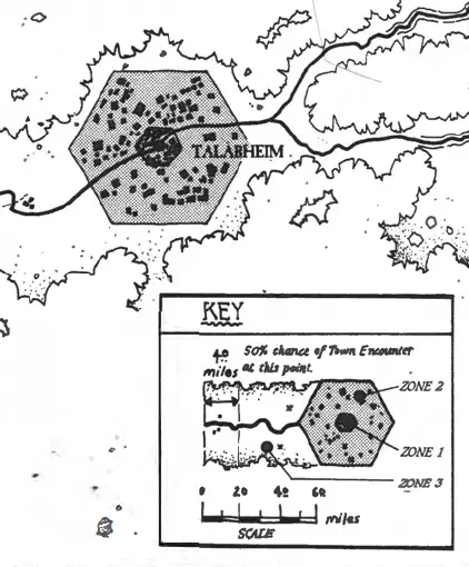 An excerpt from p. 285 of the WFRP 1E rulebook, showing a map of the surroundings of Talanheim as well as a short diagram with the "Zone" concept.