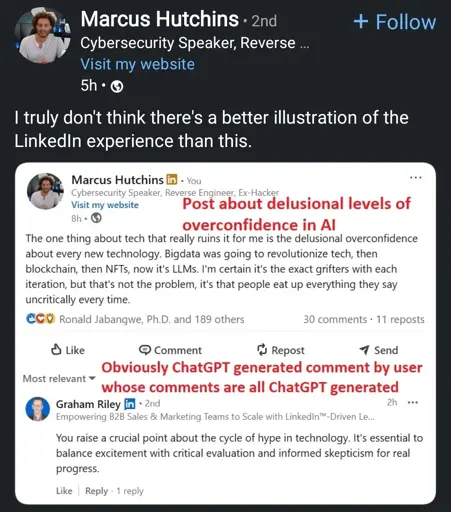 The image shows a screenshot of a LinkedIn post by Marcus Hutchins that says "I truly don't think there's a better illustration of the LinkedIn experience than this". It features a screenshotted post by the same person which discusses "delusional levels of overconfidence in AI" and mentions other technologies like Big Data, blockchain, and NFTs. The post has reactions, comments, and reposts. Below the main post, there's another comment from a user named Graham Riley, generated by chatGPT.