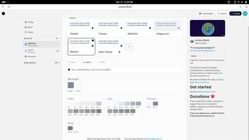 Screenshot of the themes config page of the Photon client as a web app on the GNOME desktop