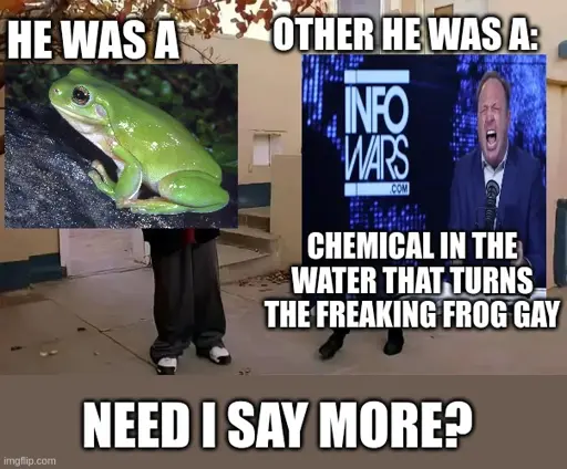 he was a <image of frog>. other he was a: <image of info wars channel with alex jones yelling: "chemical in the water that turns the freaking frog gay">. need i say more?