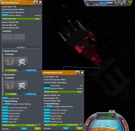 Screenshot of KSP showing an M2 Command Pod and Probodobodyne OKTO on a ship