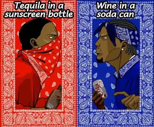 Illustration of two rival gang members, one holding a sunscreen bottle and labeled "Tequila in a sunscreen bottle", and the other holding a soda can and labeled "Wine in a soda can"