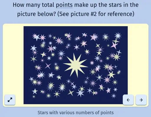 A screenshot of the daily game Estimate Me showing a picture of stars of various sizes and with various number of points