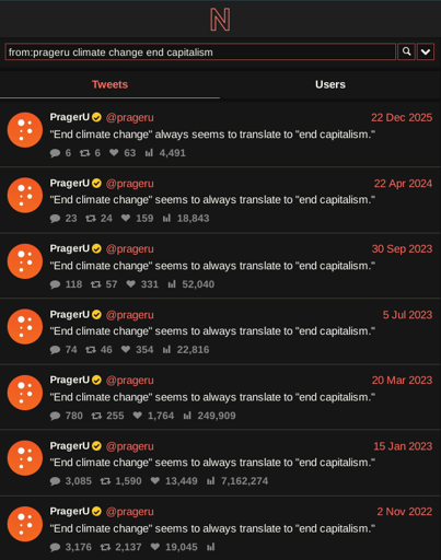 screenshot of nitter query for "from:prageru climate change end capitalism" showing seven times between nov 2022 and dec 2025 that they posted the tweet: "End climate change" always seems to translate to "end capitalism."