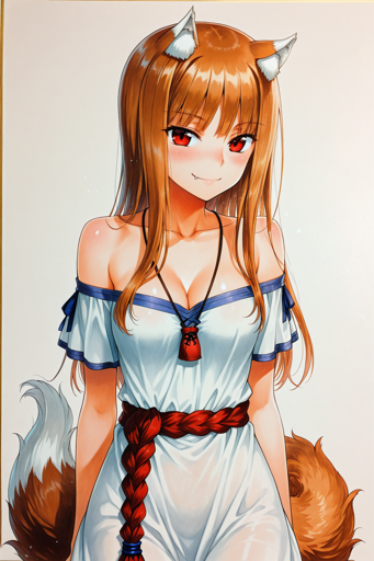 A woman with long, straight brown hair, red eyes, and brown wolf ears atop her head and a large, bushy brown and white tail curled behind her. She is facing the viewer, her head tilted slightly, with a smile revealing a small fang. She is dressed in a white, off-the-shoulder dress with blue trim along the sleeves, with a thick, braided red belt around her waist. A simple black cord necklace with a small pouch pendant hangs around her neck.