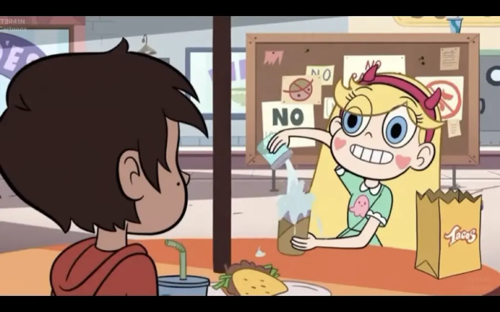 Star Butterfly pours sugar onto a spicy chimichanga with a smile while Marco Diaz looks on in horror at the perceived food crime.