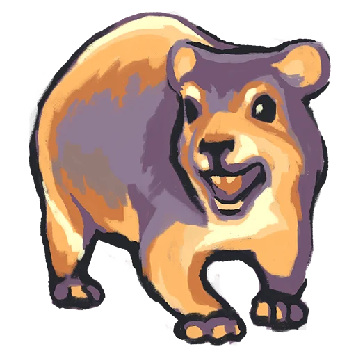 A full body stylized illustration depicts an animal called a hyrax. it's standing on four legs facing toward the viewer with it's mouth open as though it's making a sound.