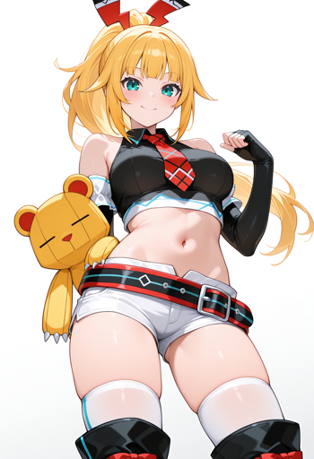 A smiling young woman with teal eyes and blonde hair styled in a high ponytail, adorned with a large red and black bow, gazes downward at the viewer. She is dressed in a black sleeveless crop top with a short red patterned tie, and white shorts secured by a decorative black and red belt. Black fingerless gloves cover her arms past the elbows, and she wears black boots over white thigh-high stockings. She is holding a yellow teddy bear with closed, stitched eyes against her hip.