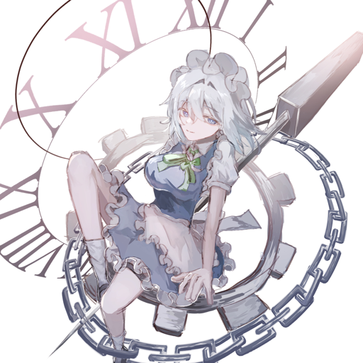 Anime Girl sits inside a clock with roman numerals. Surrounded by a chain and gears. Master of Time vibes.