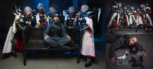 40k guardsman surrounded by sisters of battle