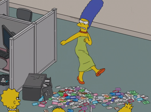 Marge kicking over a filing cabinet full of gift cards
