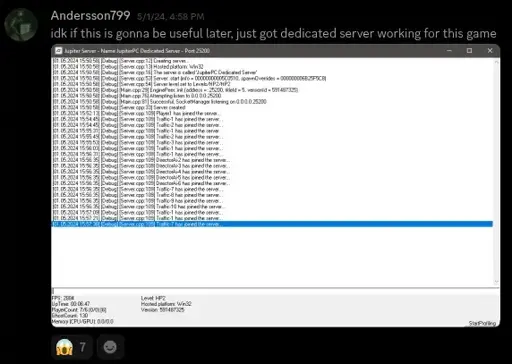 A screenshot from a Discord user of the dedicated server's window of the game