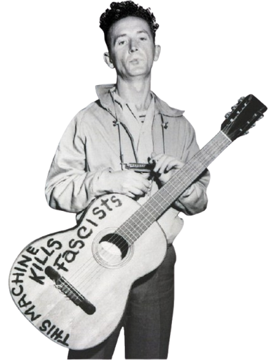 a black and white photo of Woody Guthrie holding a guitar with "this machine kills fascists" written on it