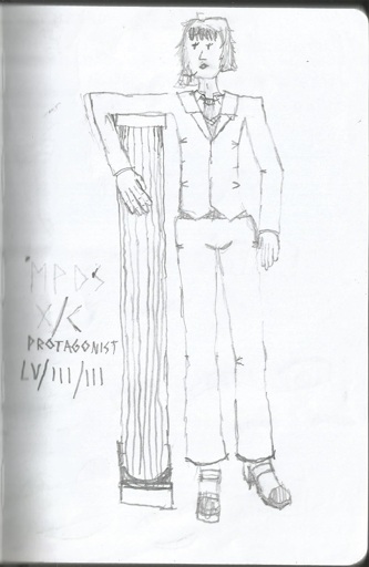 A full-body drawing of the Doki Doki Literature Club protagonist.  Left side caption: "MPDS X/C PROTAGONIST LV/III/III" ("MPDS 10/100 MC 55/03/03")