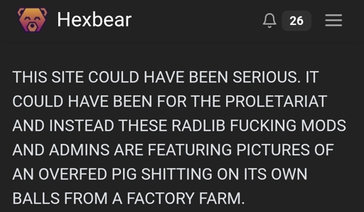 THIS SITE COULD HAVE BEEN SERIOUS. IT COULD HAVE BEEN FOR THE PROLETARIAT AND INSTEAD THESE RADLIB FUCKING MODS AND ADMINS ARE FEATURING PICTURES OF AN OVERFED PIG SHITTING ON ITS OWN BALLS FROM A FACTORY FARM.