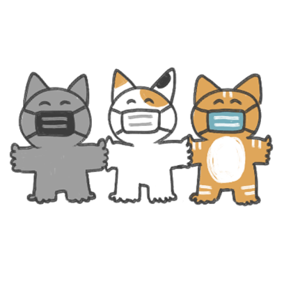 cartoon illustration of three cats standing together and holding each other's paws. each cat is wearing a medical mask and has a happy expression.