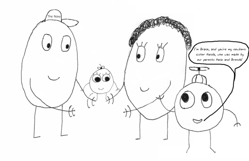Hank and Brenda are holding their newborn egg daughter Handa. Brank stands by and says "I'm Brank, and you're my newborn sister Handa, who was made by our parents Hank and Brenda!"