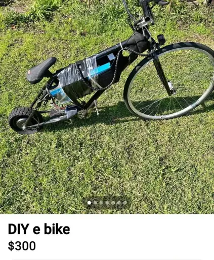 Listing by a seller for a "DIY e bike" with a picture of bicycle with a motor taped to side and a very small back wheel
