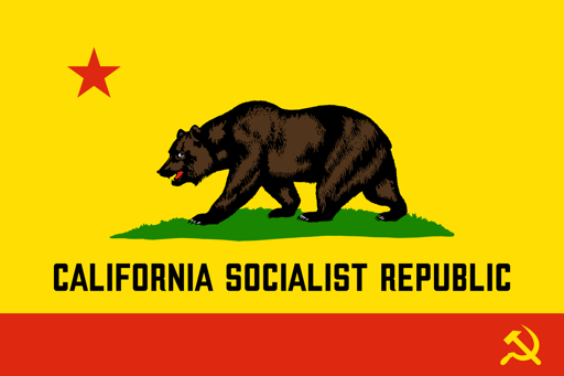 a communist variation of the flag of California - the text on the flag reads "California Socialist Republic" and a hammer & sickle has been added to the lower stripe, more details in text body