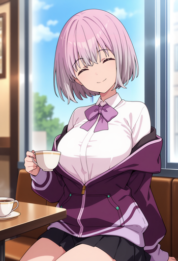 A young woman with short, light pinkish-purple hair sitting at a table, within a café. Bright sunlight illuminates the scene through a large window in the background, which offers a blurred view of an outdoor environment. She is holding a teacup and wears a broad, contented smile with closed eyes. Her clothing consists of a white collared blouse with a purple bow tie, worn beneath a purple zip-up jacket that is open and resting off her shoulders.