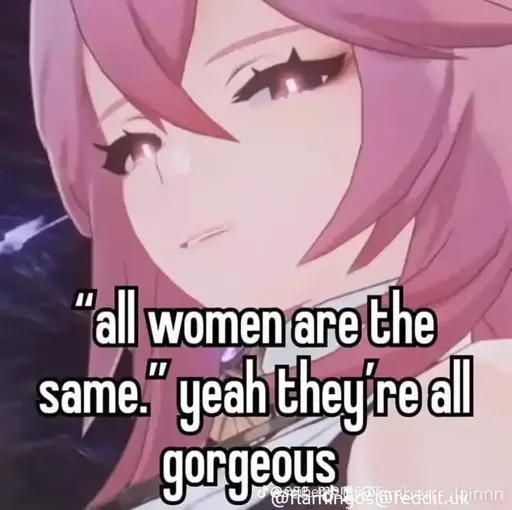 Anime girl with pink hair with the text overlaid on her: '"all women are the same." yeah they're all gorgeous'