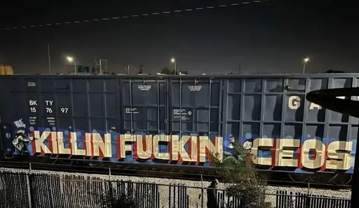 A freight train carriage with graffiti saying "Killin Fuckin CEOS"