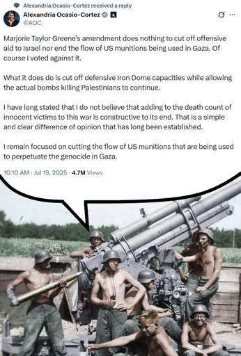 Nazis crewing a Flak 88 with word bubble containing post by AOC defending supplying Iron Dome munitions to Israel