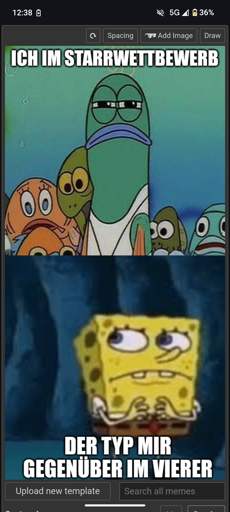 Oberes Bild mit Fisch aus Schwammrobert Quadrathosen, der mit verengten Augen kalt in die Kamera starrt. Text: Ich im Starrwettbewerb. Unteres Bild: Verunsicherter Schwammrobert, der angestrengt zur Seite schaut. Text: Der Typ mir gegenüner im Vierer.