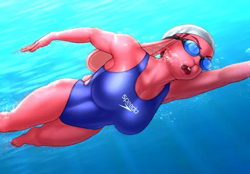 Underwater shot of a pink Anthro rabbit in full Olympic swim gear