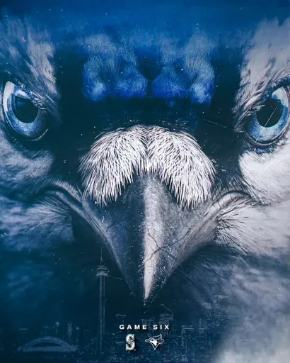 Jays' social media promotional image. Most of the image is a close up of a bird, supposed to be a Blue Jay. Toronto's skyline is at the bottom. Accompanying this is "GAME SIX" and the logos for the Seattle Mariners and Toronto Blue Jays